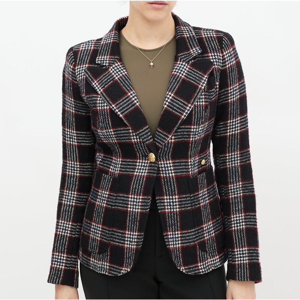 Smythe Duchess Plaid Check Wool Blazer Patch Pocket Black Red Size 8